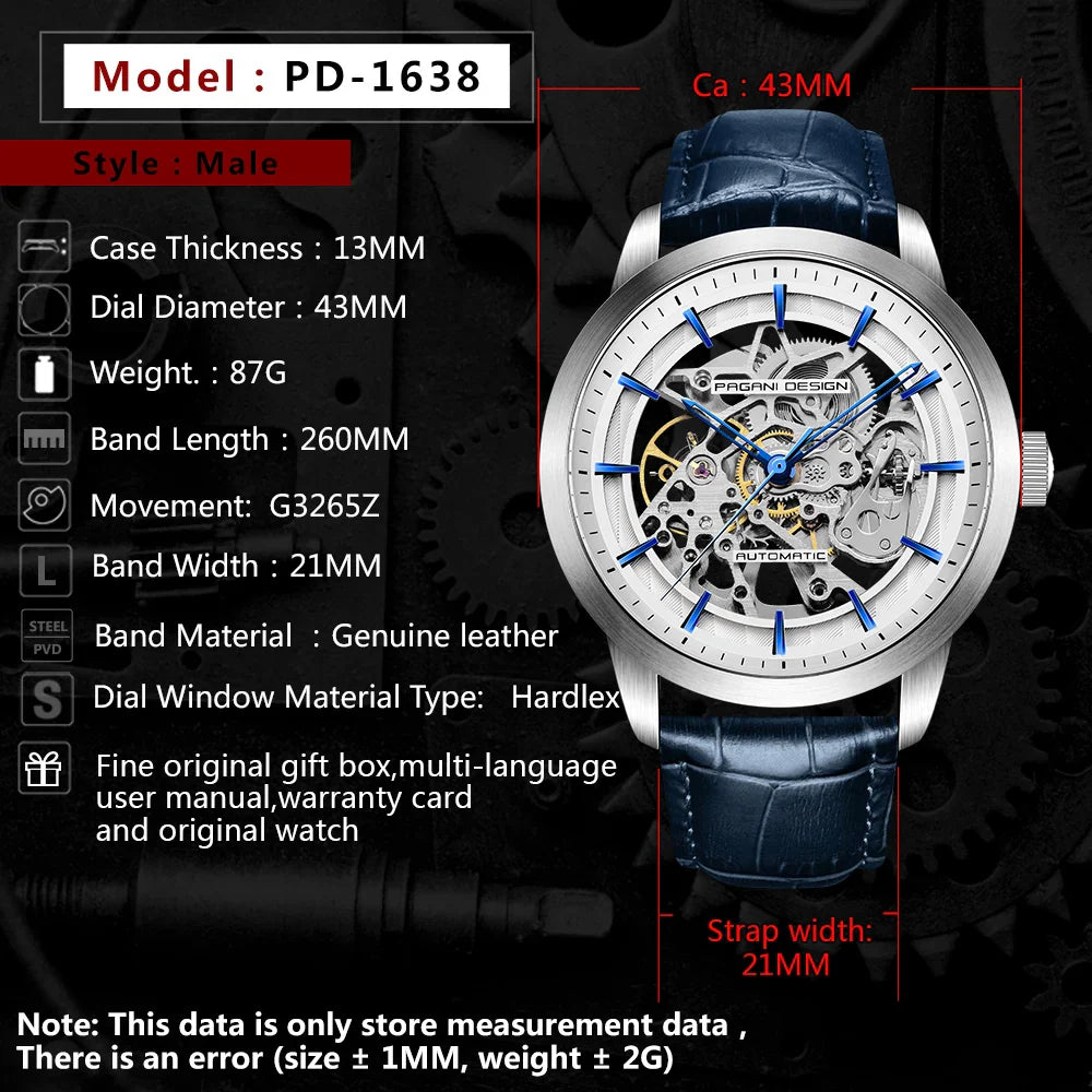 PAGANI DESIGN Business Man Watch Luxury Skeleton Hollow Leather Men's Wristwatch New Mechanical Male Clock Relogio Masculino Vera Lux