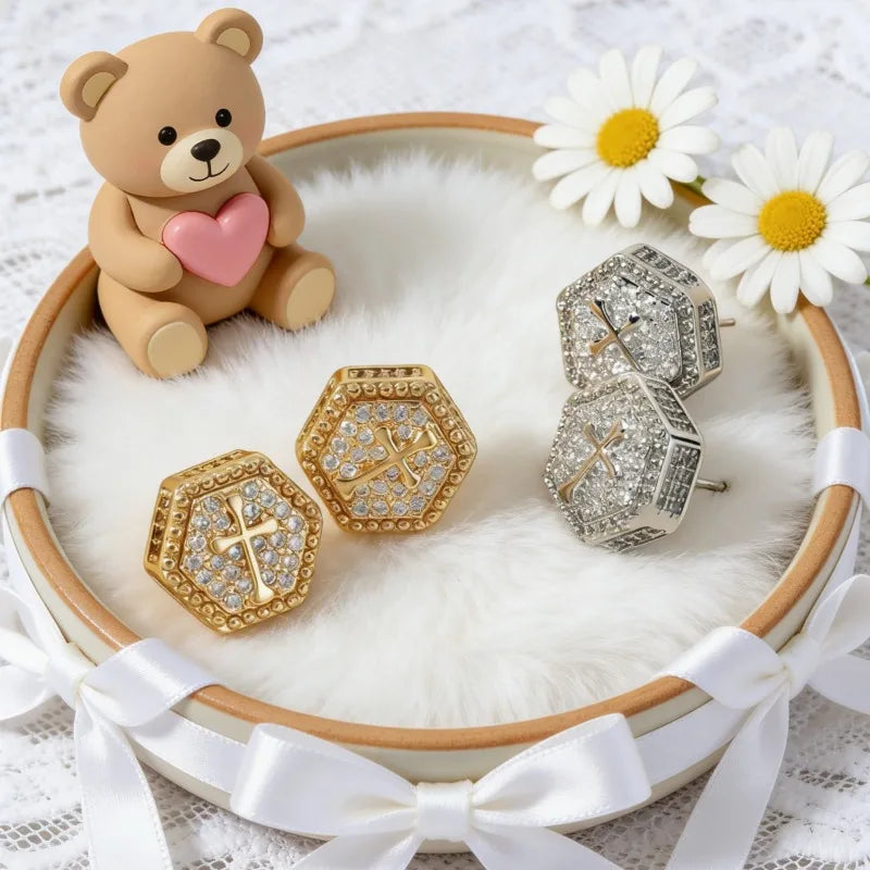 1 Pair Women's Copper Full Rhinestone Stud Earrings Zircon Cross Earrings Trendy And Fashionable Light Luxury Jewelry Vera Lux