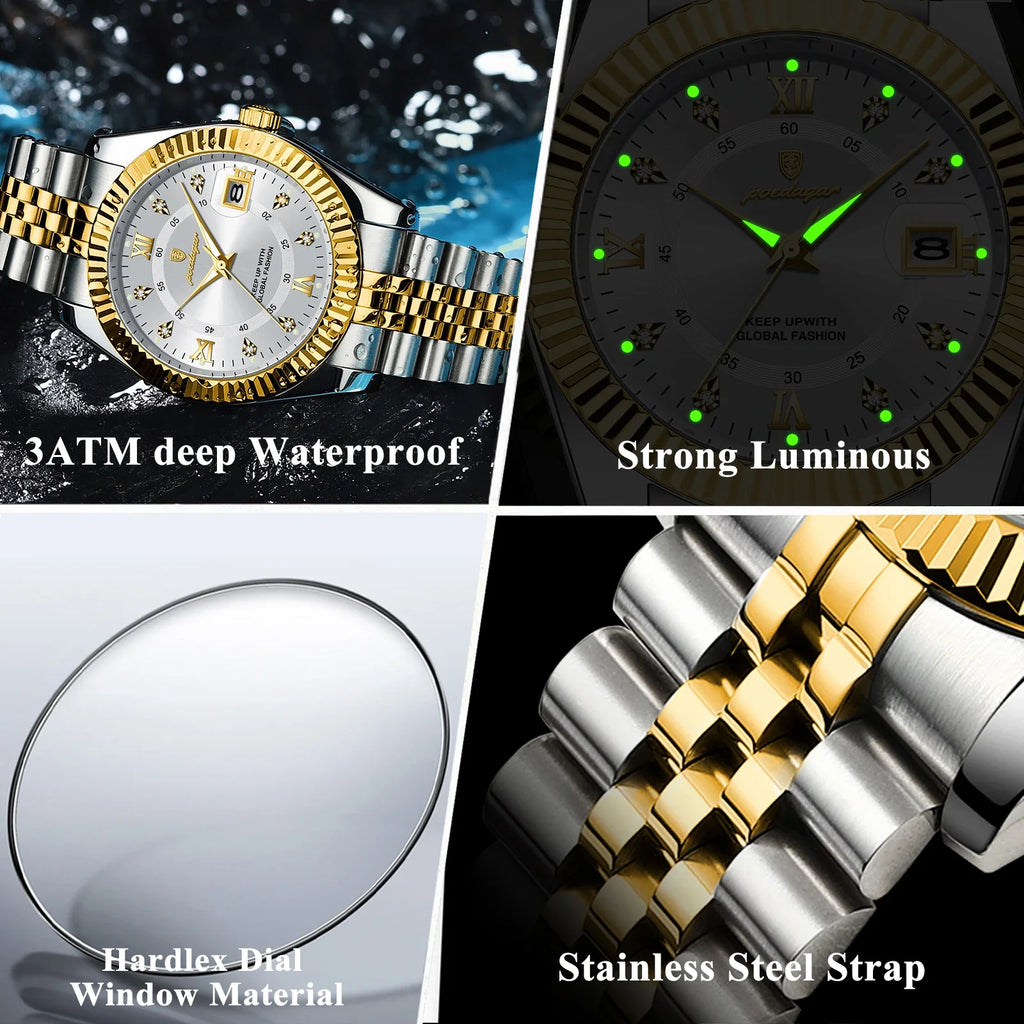 POEDAGAR Classic Luxury Men's Quartz Watches Stainless Steel Date Man Watch Waterproof Luminous Fashion Business Male Wristwatch Vera Lux