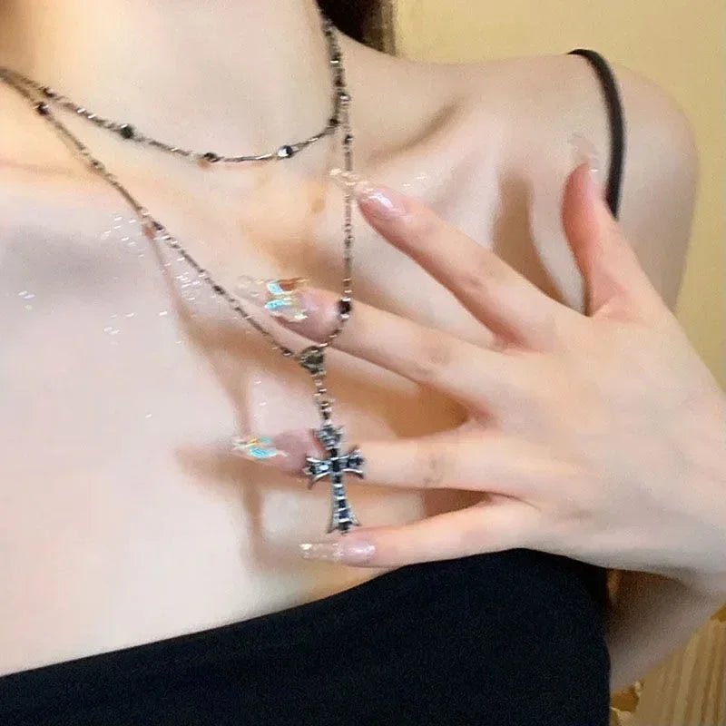 Summer Black Rhinestone Cross Jesus Pendant Choker Necklace for Women Punk Vintage Double Layers Chain 2024 Neck Boho Jewelry Femstylo