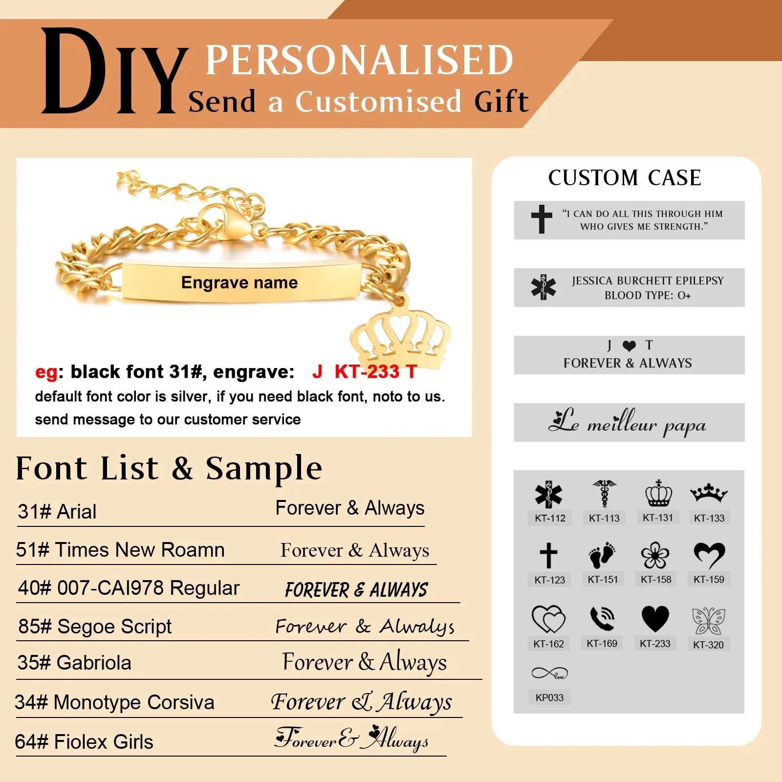 Custom Personalized Name ID Bracelet Gilrs Boy Gifts, Stainless Steel Curb Chain Link Crown Bracelet Not Allergic Vera Lux
