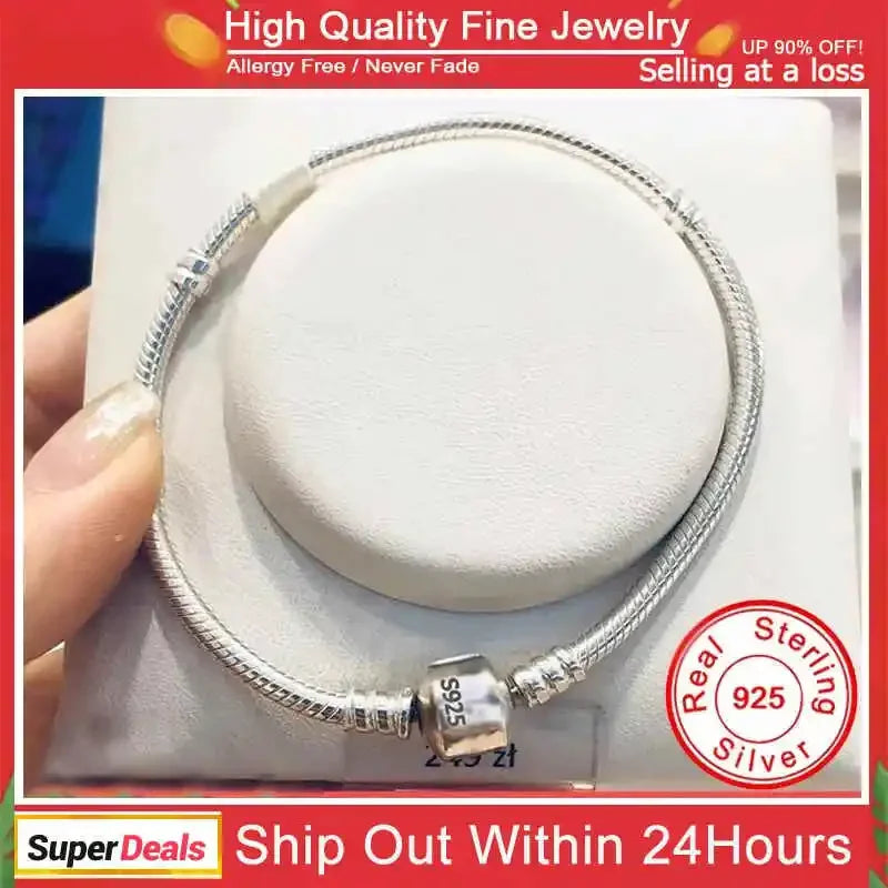 Famous Brand Original Certified 925 Sterling Silver Bracelet for Women DIY Charms Beads Snake Link Chain Classic Wrist Jewelry Vera Lux