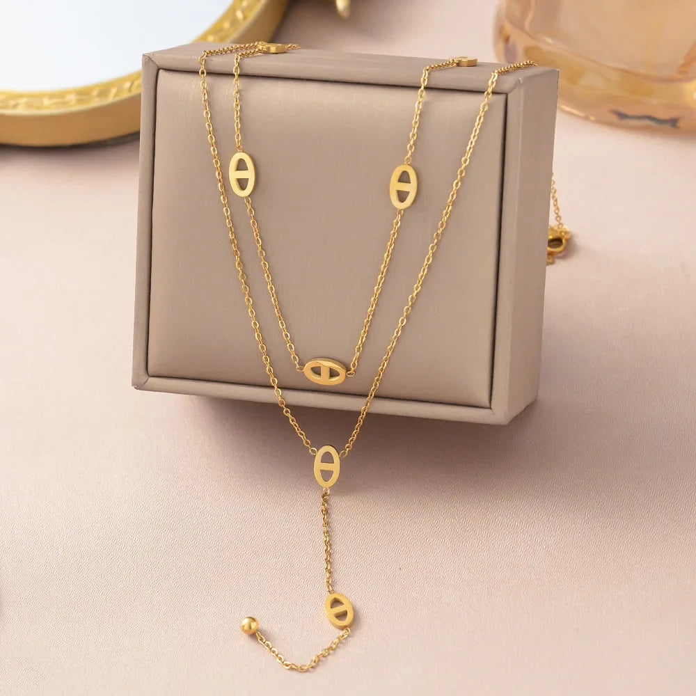 Premium Stainless Steel Long Necklace Trendy Pig Nose Style Y Shape Drop Pendant Waterproof Necklace for Women Girls Jewelry Vera Lux