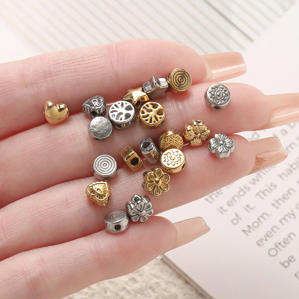 10Pcs/Pack Stainless Steel Various Shape Gold Steel Color Texture Spacer Beads for DIY Bracelet Jewelry Making Accessories Vera Lux