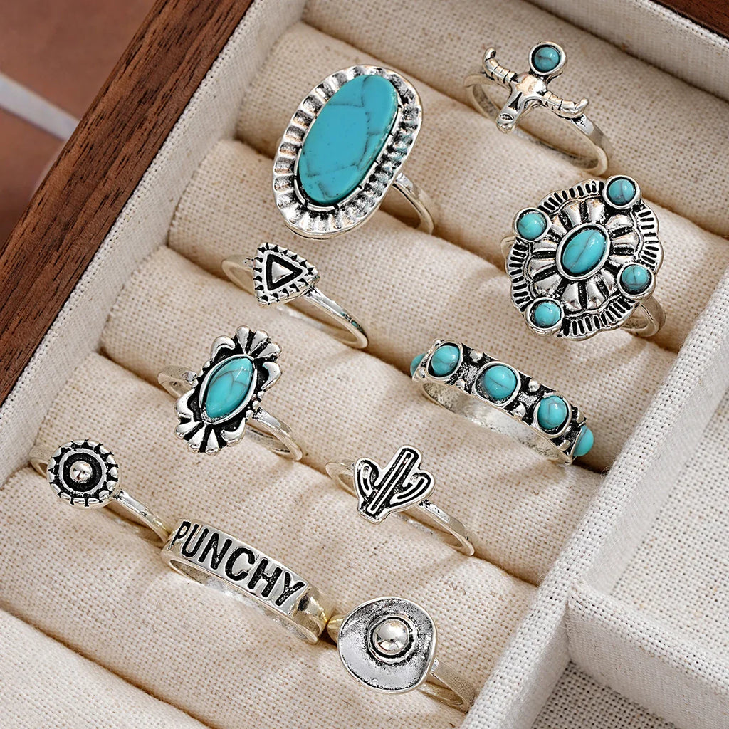 10pcs Trendy Western Style Rings Set for Women Men Vintage Turquoise Bull Head Lotus Sun Design Ring Daily Outfits Jewelry Gifts Vera Lux