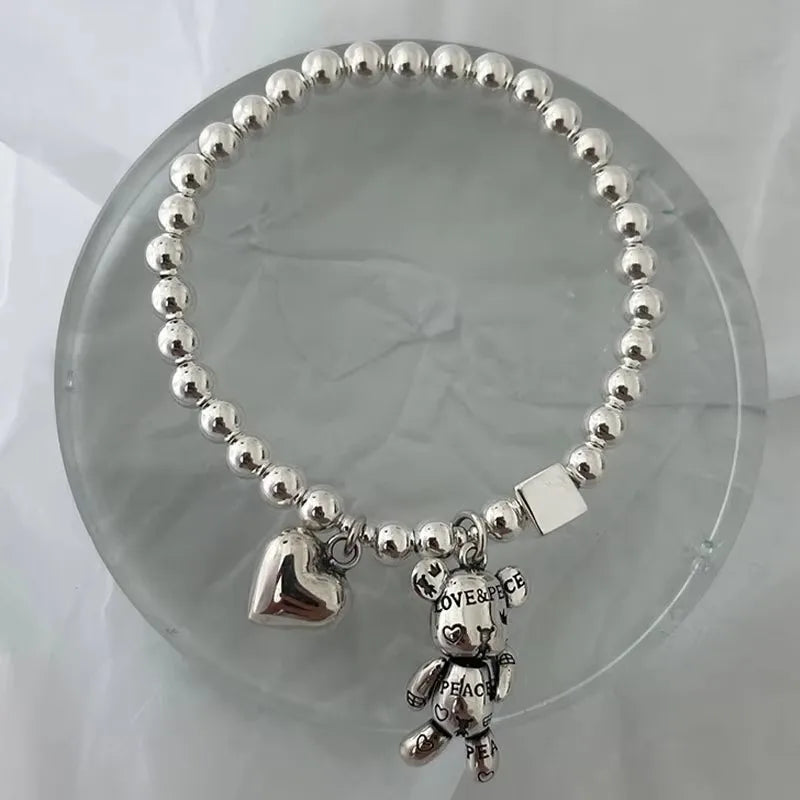 925 Sterling Silver Bracelets for Women String of Beads Accessories Trend Vintage Simple Cute Bear Pendant Party Jewelry Vera Lux