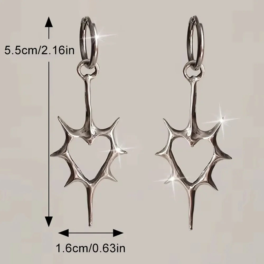 2pcs Punk Rock Hollow Thorns Love Heart Pendant Hoop Earrings for Women Men, Lover Fashion Cool Rivets Spike Earings Jewelry Vera Lux