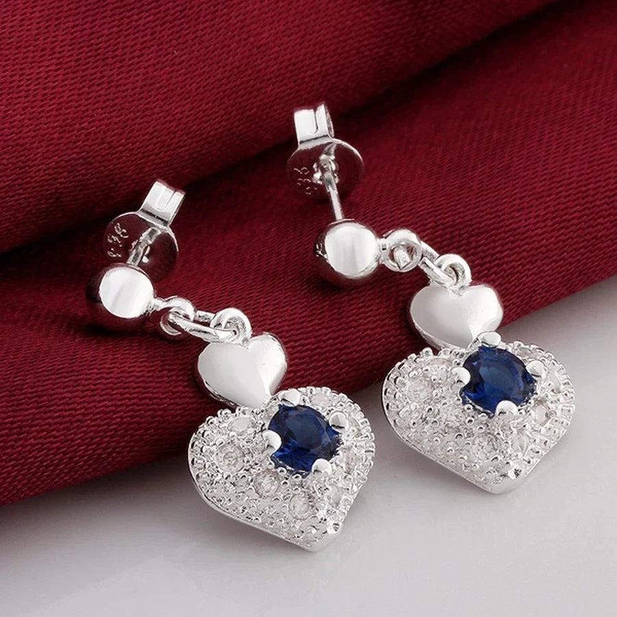 Hot Noble blue crystal heart 925 sterling Silver pendant necklace earring Jewelry sets for Woman classic fashion party fine gift Vera Lux