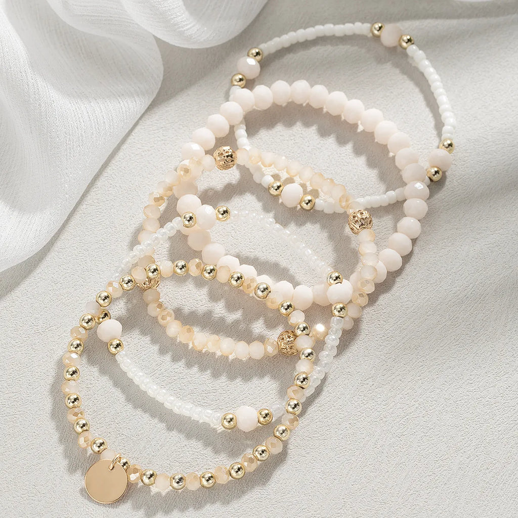 5Pcs Fashion Resin Beaded Bracelet Set For Women Round Piece Charm Elastic Bead Chain Bangle Wrist Strap Female Vacation Jewelry Vera Lux