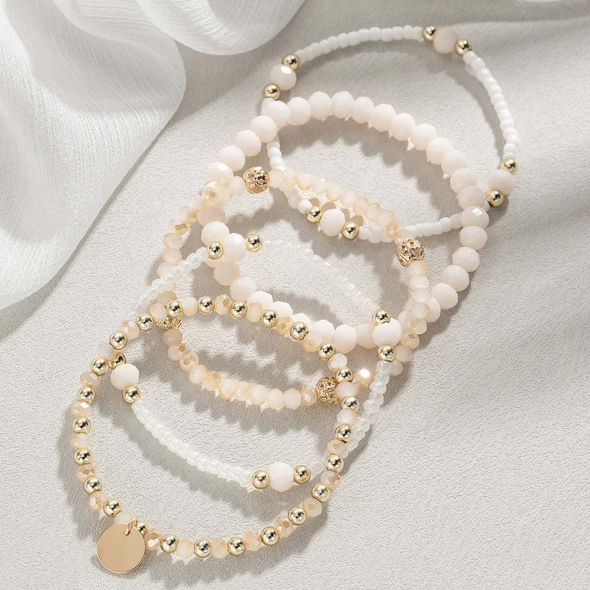 5Pcs Fashion Resin Beaded Bracelet Set For Women Round Piece Charm Elastic Bead Chain Bangle Wrist Strap Female Vacation Jewelry Vera Lux