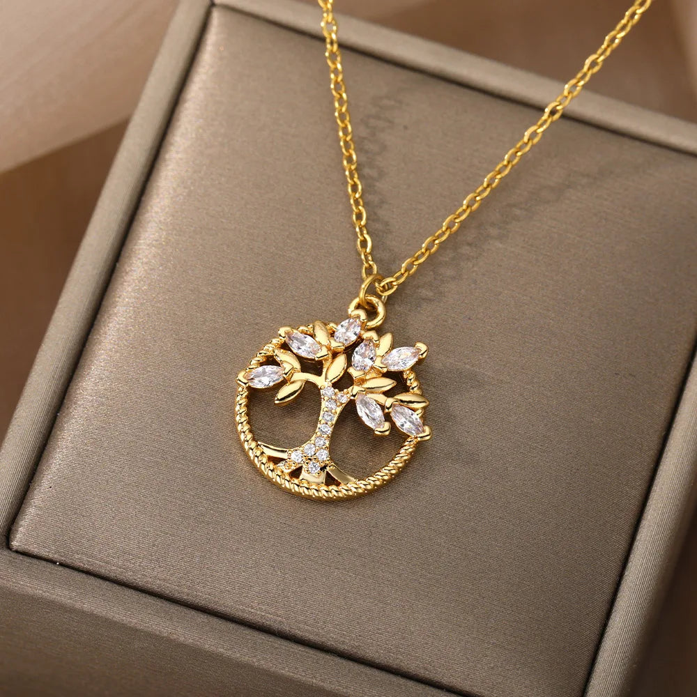 Zircon Tree of Life Necklace for Women Stainless Steel Chain Collar Choker Pendants Necklaces 2024 Trend Aesthetic Jewelry mujer Vera Lux