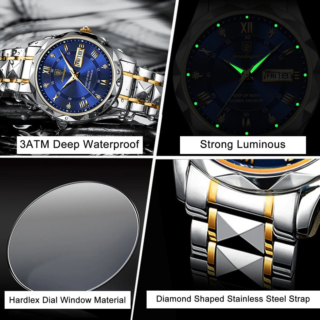 POEDAGAR Business Luxury Men's Watches Waterproof Stainless Steel Luminous Man Wristwatch Date Week Sport Men Quartz Watch Reloj Vera Lux