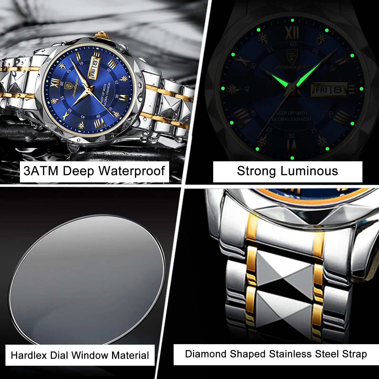POEDAGAR Business Luxury Men's Watches Waterproof Stainless Steel Luminous Man Wristwatch Date Week Sport Men Quartz Watch Reloj Vera Lux