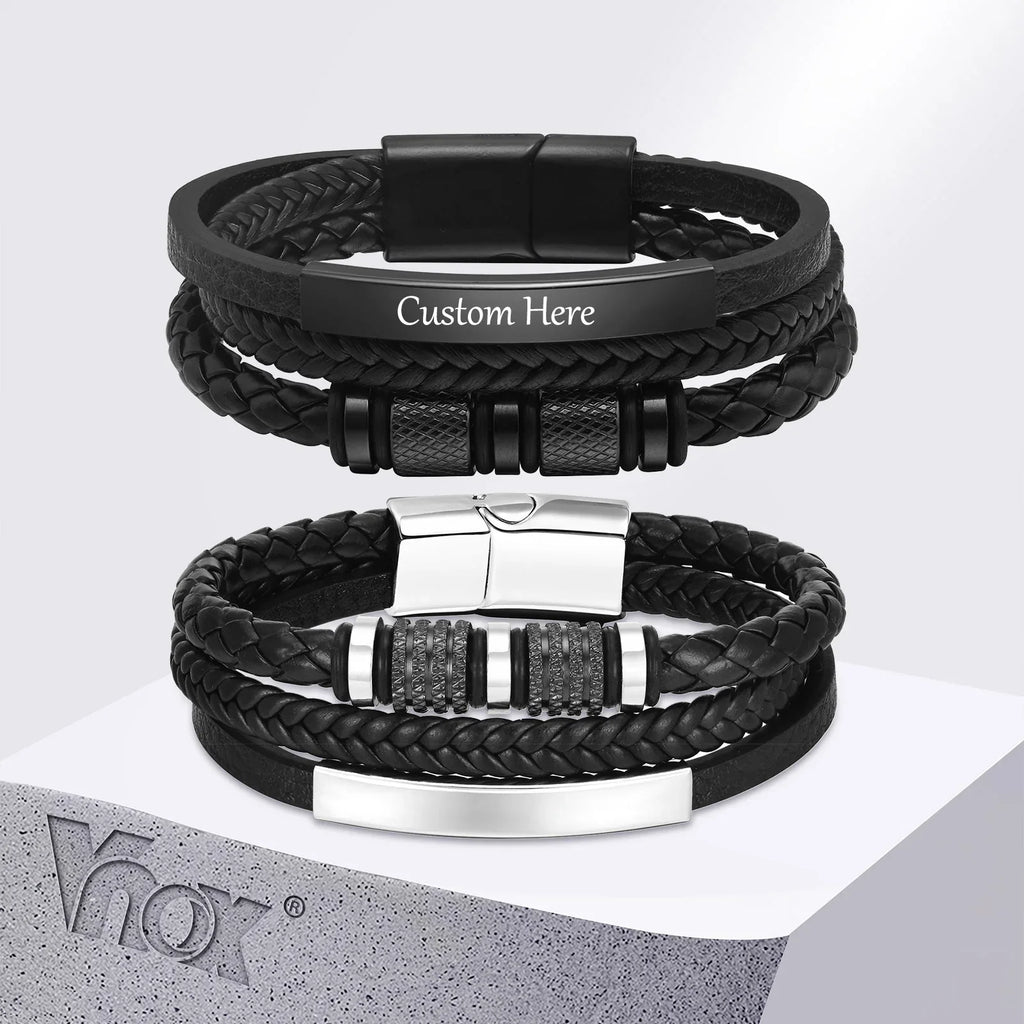 Vnox Personalized Braided Leather Bracelet for Men Handmade Triple Woven Pu Leather Bracelet Custom Name Text Jewelry Gifts Vera Lux