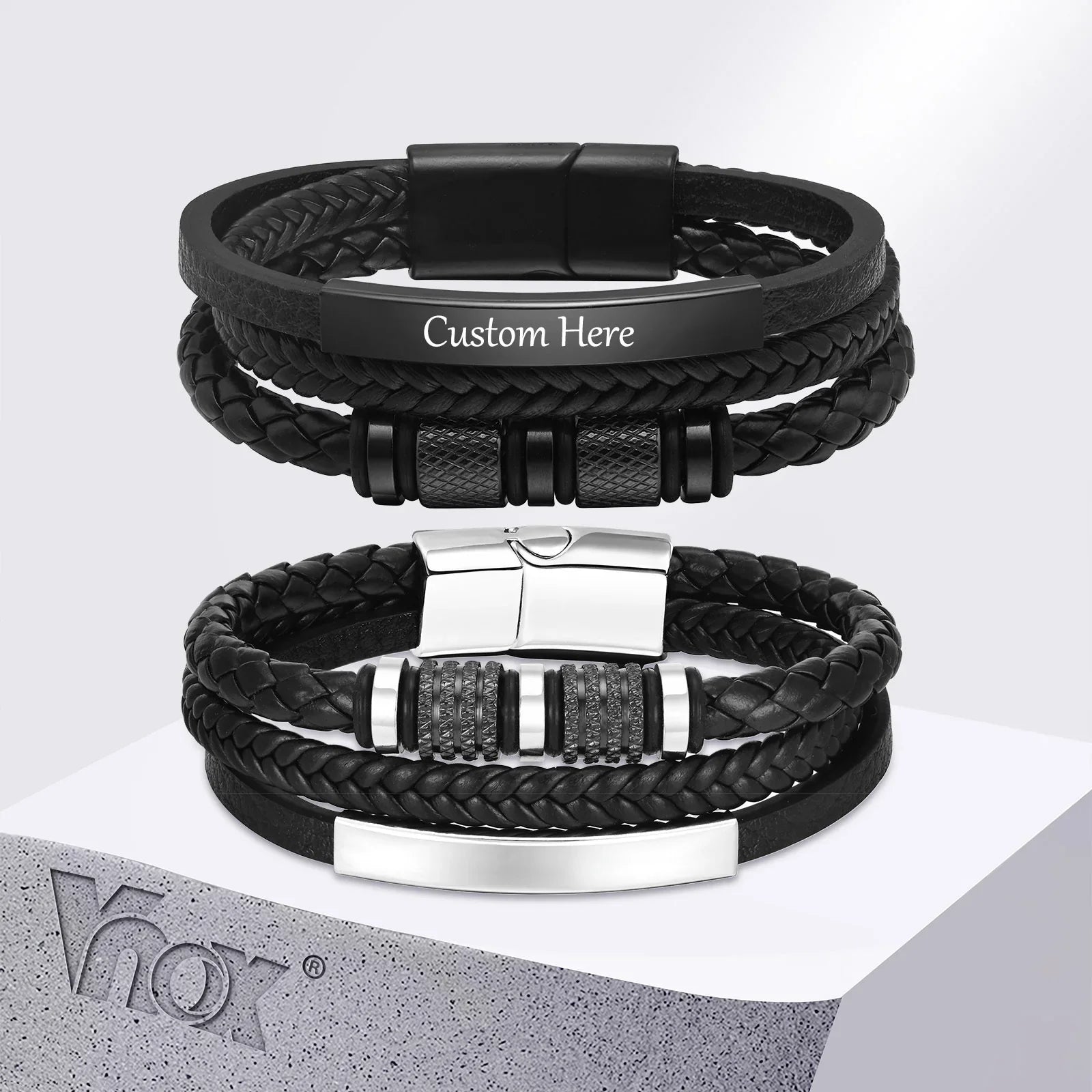 Vnox Personalized Braided Leather Bracelet for Men Handmade Triple Woven Pu Leather Bracelet Custom Name Text Jewelry Gifts Vera Lux
