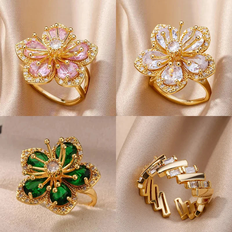 Pink Zircon Flower Rings for Women Gold Color Stainless Steel Ring 2025 Trend Elegant Floral Luxury Aesthetic Jewelry anillos Vera Lux