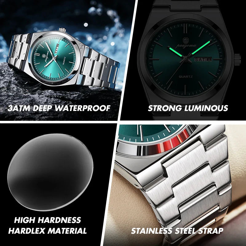 PAAZOMU Fashion Men's Quartz Watch Stainless Steel Waterproof Luminous Man Watch Chronograph Date Multifunction Watches For Men Vera Lux