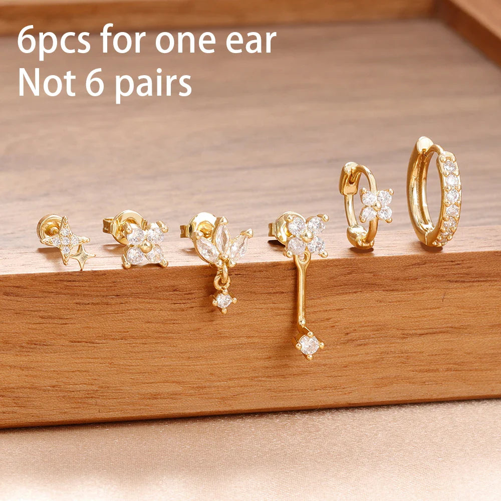 6PCS Fashion Cute Zircon Flower Ear Stud For Women Fashion 18K Gold Plated Star Ear Stud Earring Piercing Girl Set Jewelry Gift Vera Lux
