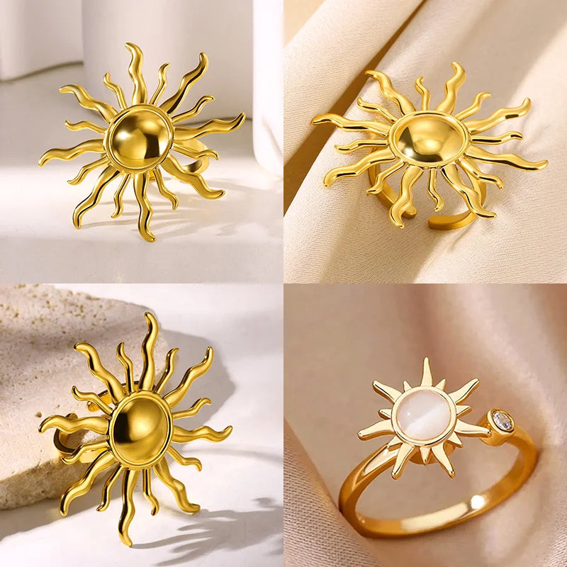 Exaggerated Sun Rings For Women Gold Color Stainless Steel Sun Adjustable Ring Fashion Anniversary Party Lucky Jewelry Gift Vera Lux