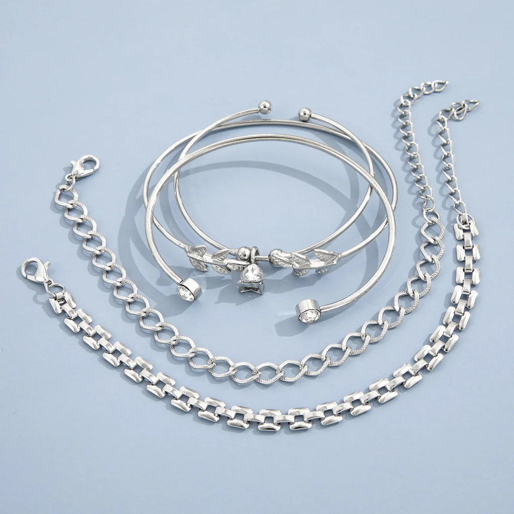 Bohemian Silver Color Geometric Link Chain Bracelet Set For Women Crystal Leaf Open Cuff Bangle Female Boho Jewelry Accessory Vera Lux