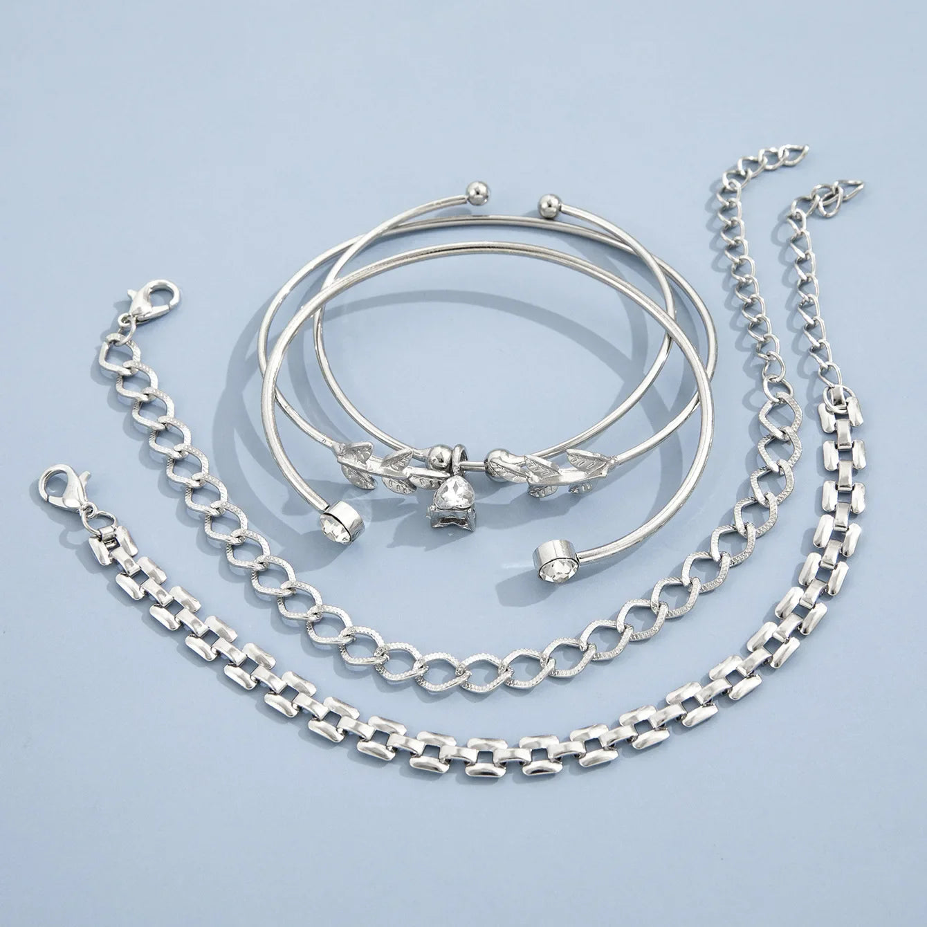 Bohemian Silver Color Geometric Link Chain Bracelet Set For Women Crystal Leaf Open Cuff Bangle Female Boho Jewelry Accessory Vera Lux