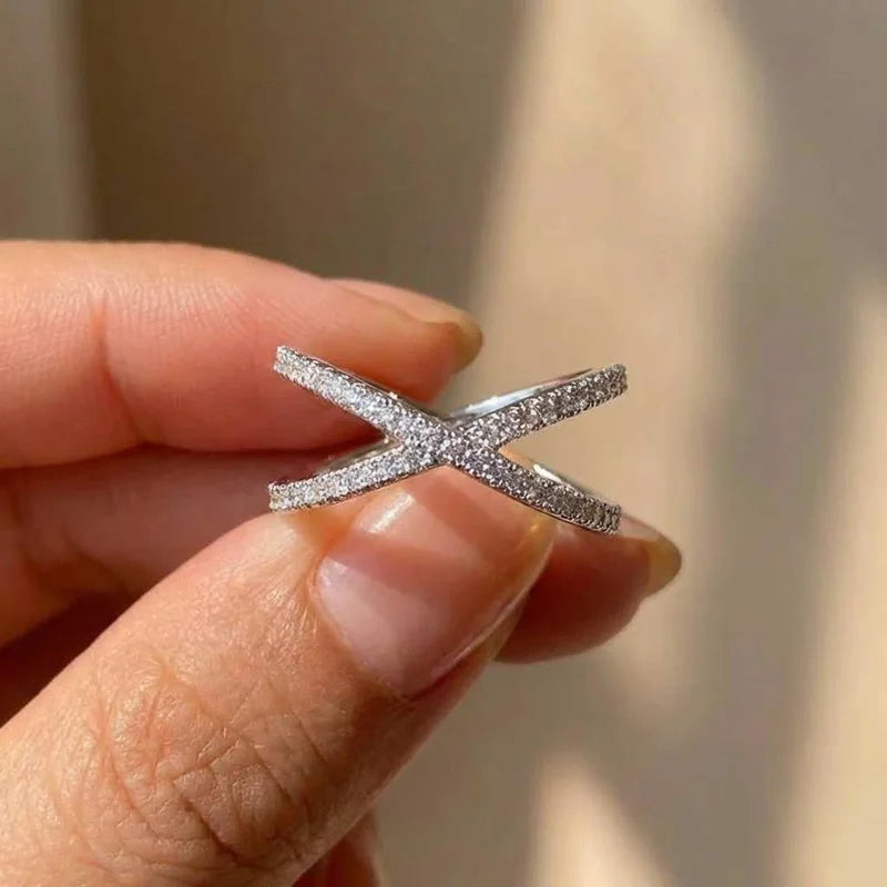 925 Sterling Silver Luxury Cross X Shape Women Engagement Ring Full Paved CZ Stone Elegant Simple Female Jewelry Ring Hot Sale Vera Lux