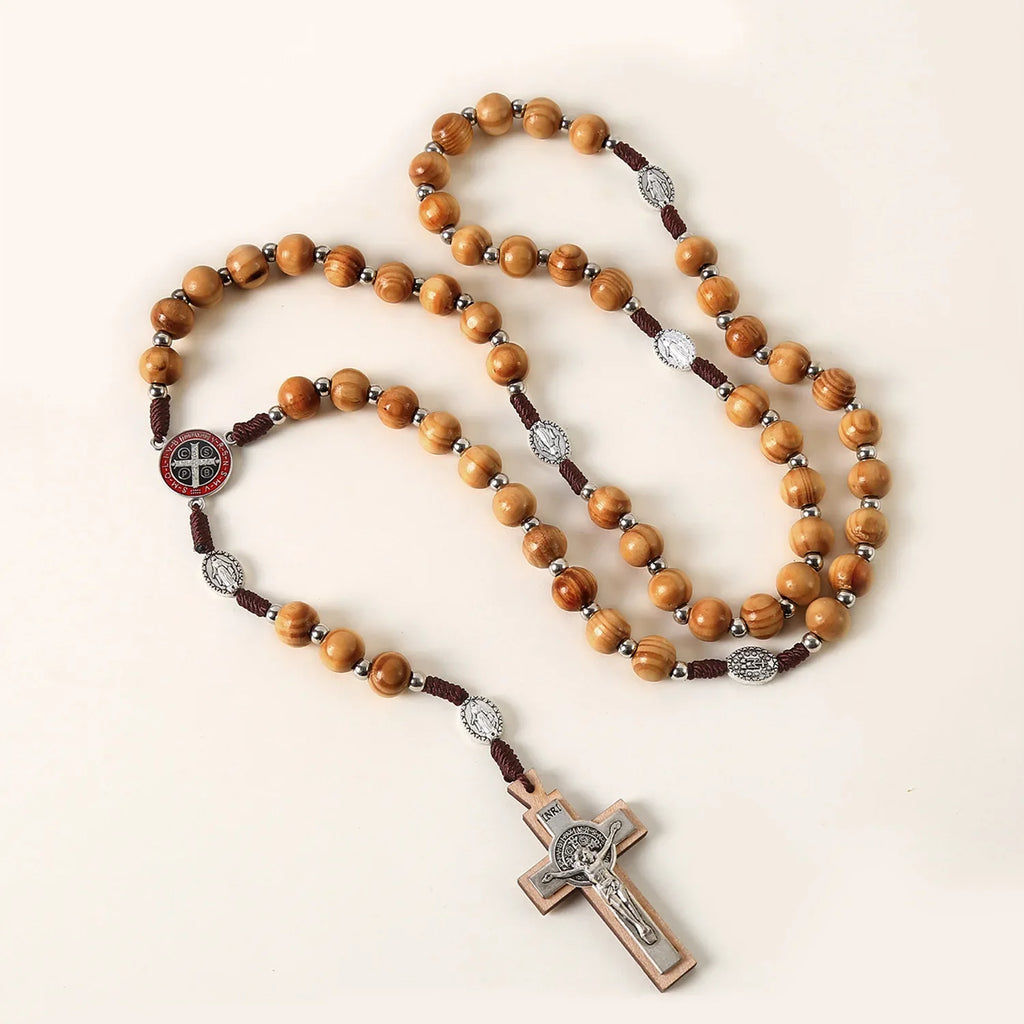 Wooden Rosary Necklace For Women Men Christian Cross Pendant 10MM Long Wood Beads Chain Fashion Religion Prayer Jewelry Vera Lux