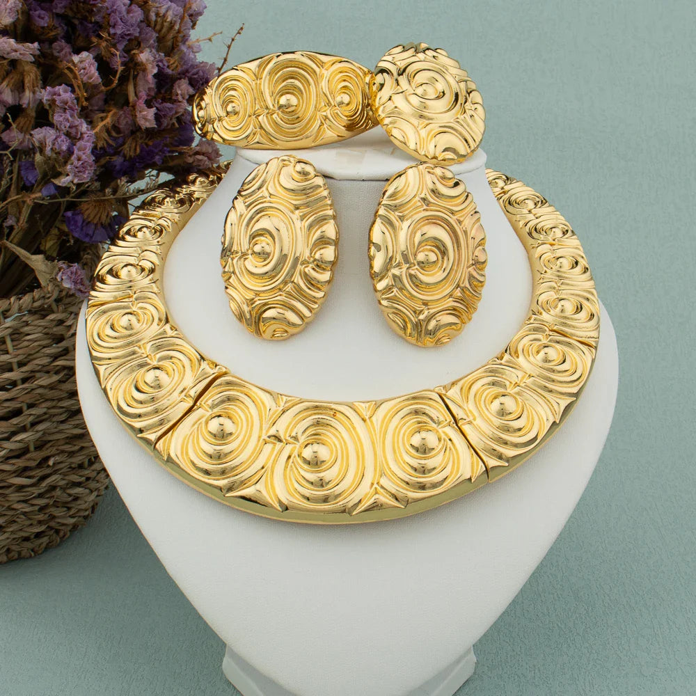 Dubai Big Jewelry Set Design for Women Wedding Bride Necklace Brazili Gold Plated Collor Earrings Bracelet Ring for Party Gift Vera Lux