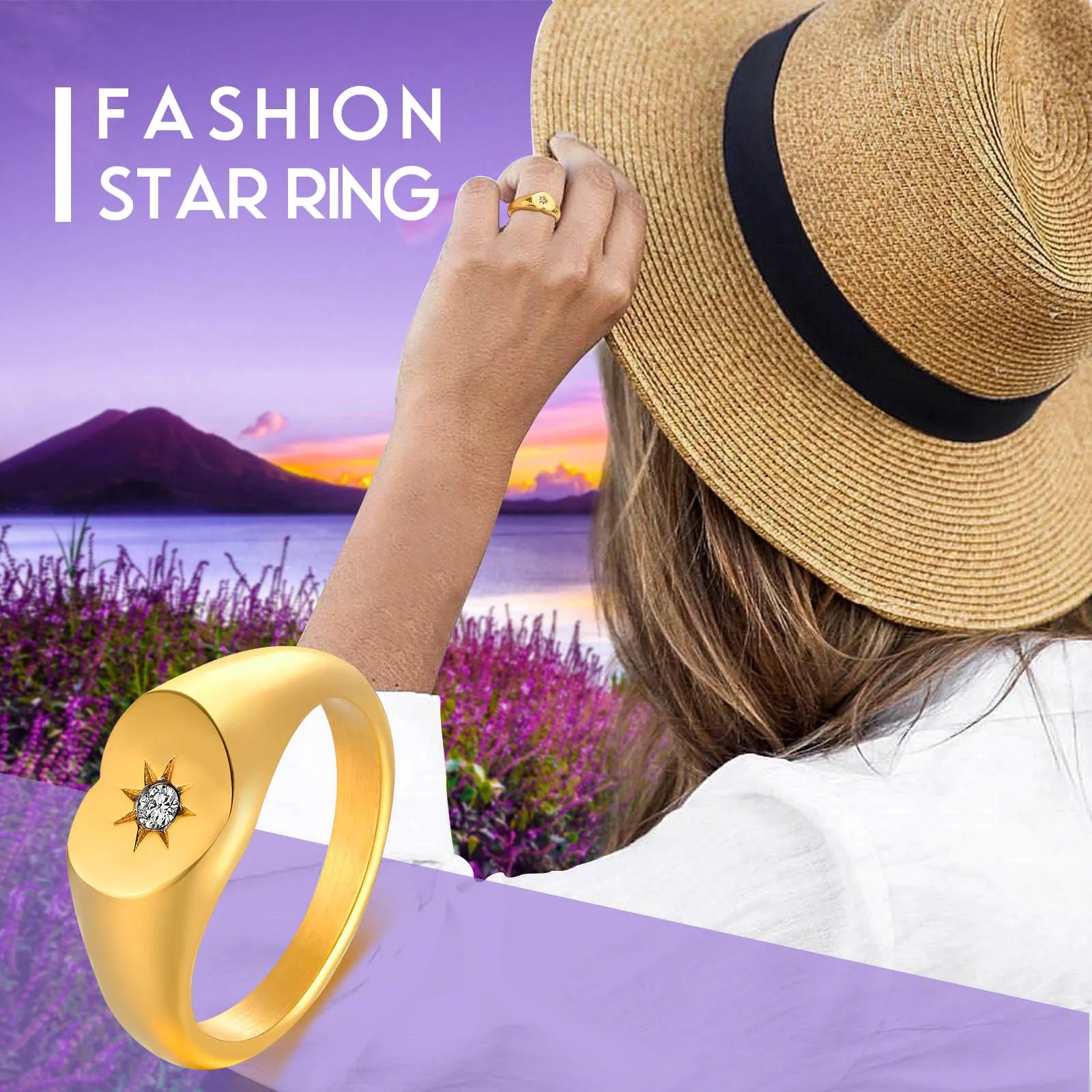 Stainless Steel Sunshine Signet Pinky Ring, Cubic Zirconia Inlay Ring Gold Plated, Non-Tarnish Fashion Jewelry Vera Lux