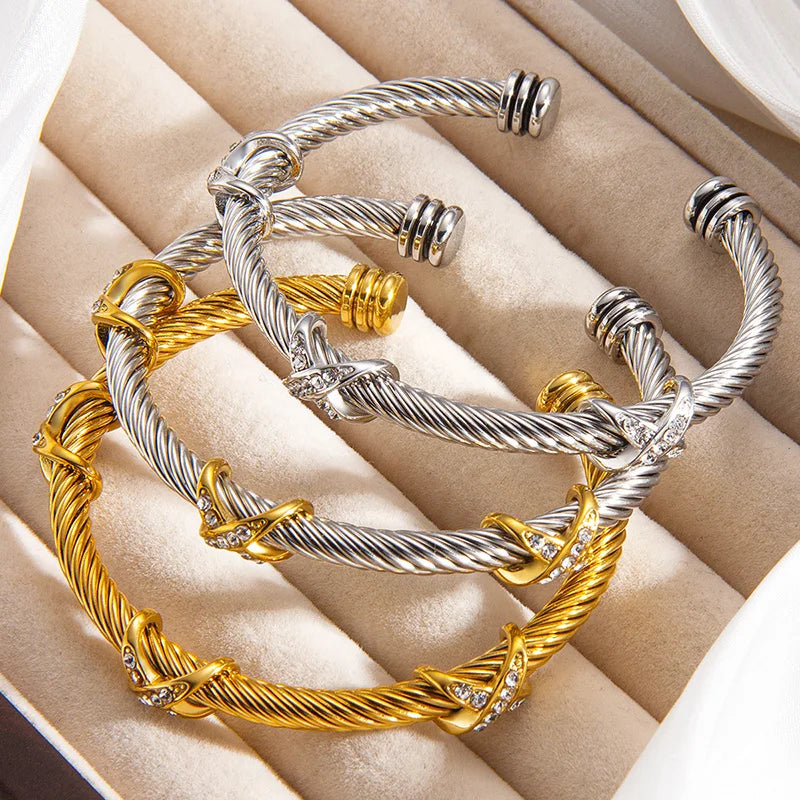 1pcs Stainless Steel 8-shaped Cross Diamond Bracelet Trendy Fashion Versatile Steel Rope Open Bracelet Party Jewelry Gifts Vera Lux