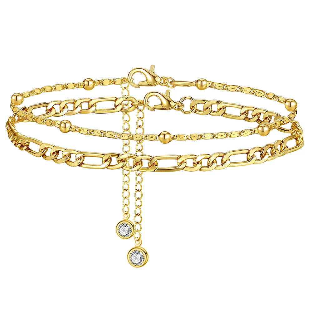 2Pcs Stainless Steel Anklet Set For Women Silver Color Ankle Bracelet Cuban Link Chain On Leg Foot Female Summer Beach Jewelry Vera Lux