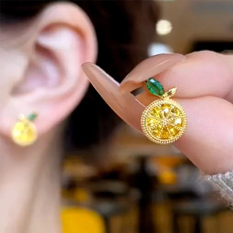 Yupsk Korean Cute Orange Lemon Fruit Stud Earrings for Women Girls Delicate Yellow Cubic Zirconia Fashion Daily Ear Accessories Vera Lux
