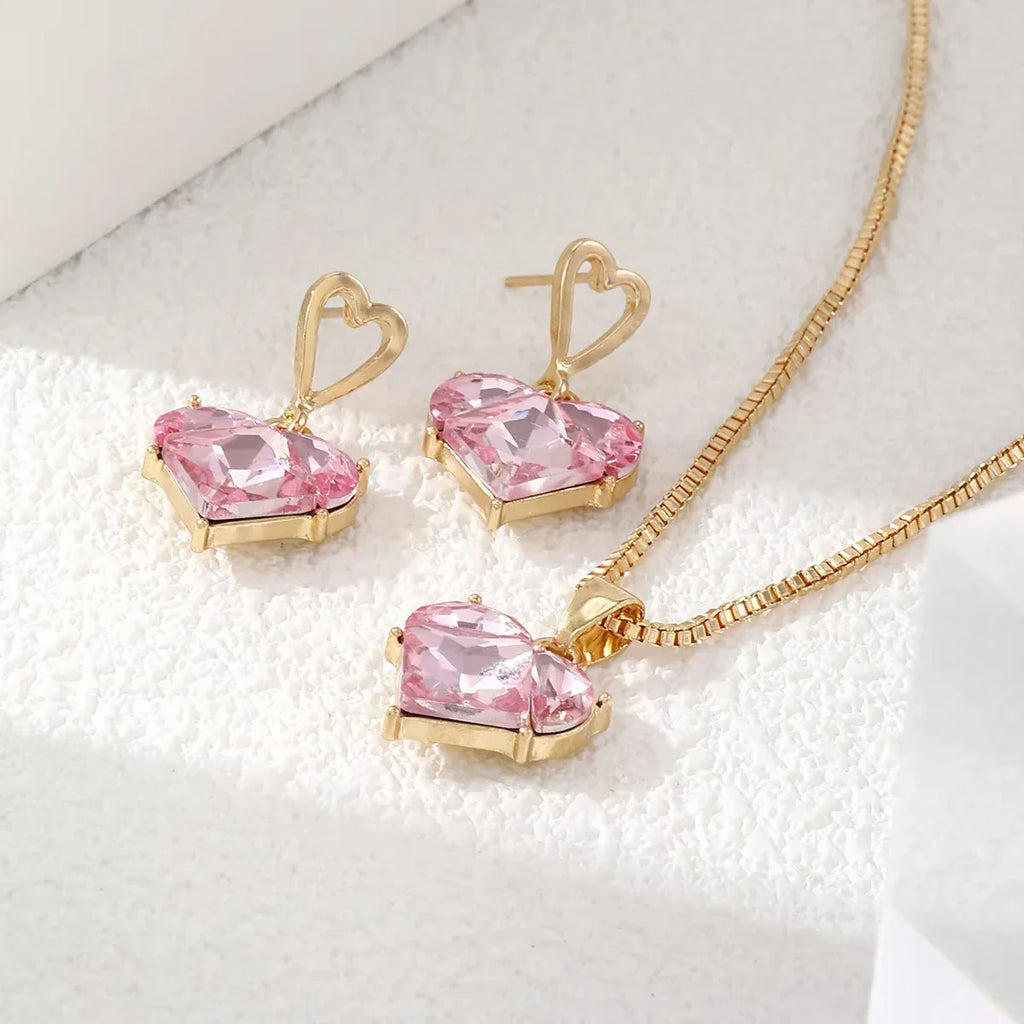 3pcs Trendy Y2k Heart-shaped Zircon Pink Crystal Pendant Earrings Necklaces Set for Women Heart Elegant Exquisite Party Jewelr Vera Lux