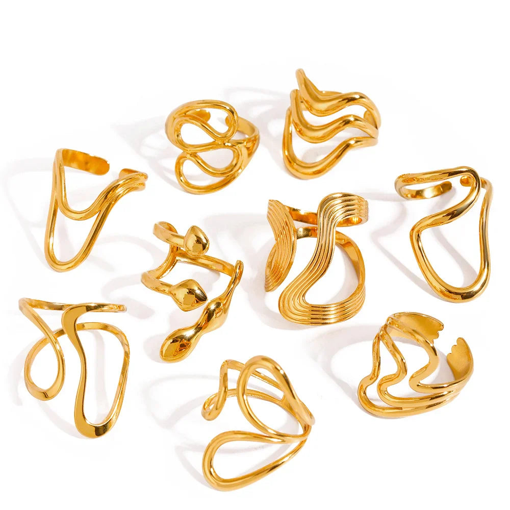 Stainless Steel Irregular Wave Rings For Women Creative Gold Color Adjustable Open Ring Female Jewelry Punk Rapper Anillos Gifts Vera Lux
