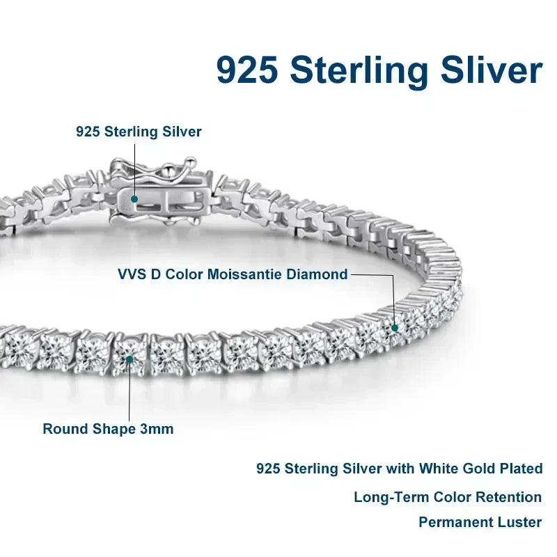 NeeTim 3mm 4mm Moissanite Tennis Bracelets 925 Sterling Silver Full Diamond with Gold Plated Bracelet Fine Jewelry for Women Men Vera Lux