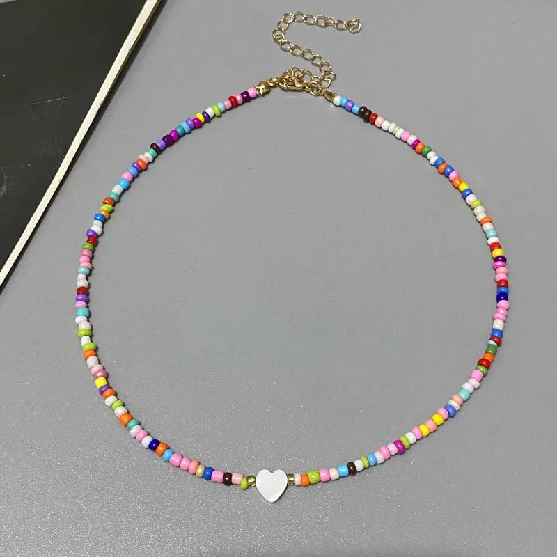 New Nature Shell Love Heart Choker Necklace for Girl Spring Summer Fashion Small Colorful Glass Beads Necklace Gift for Friend Vera Lux