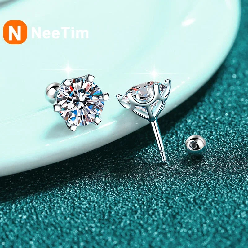 NeeTim 8mm 2 Carat Moissanite Stud Earrings For Women Screw Thread Ear Studs 925 Sterling Silver Fine Jewelry Pass Diamond Test Vera Lux