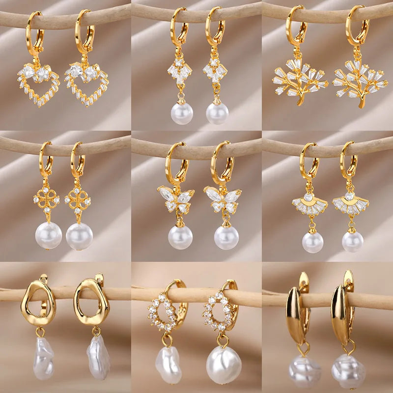Zircon Natural Pearl Earrings For Women Gold Plated Stainless Steel Geometric Hoop Pearl Earring Wedding Bridesmaid Jewelry Gift Vera Lux