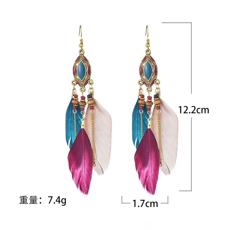 New Ethnic Long Feather Dangle Earrings For Women Bohemian Tassel Beads Handmade Enamel Earrings Girl Bride Wedding Jewelry Vera Lux