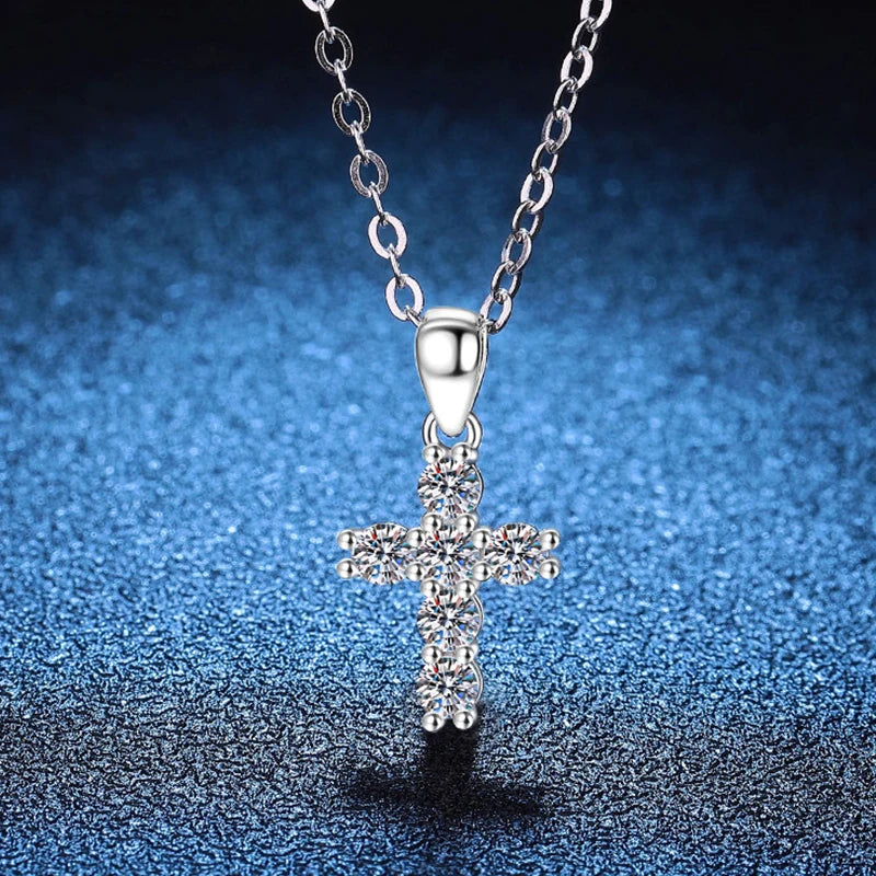 NeeTim 3mm D VVS1 Moissanite Cross Necklace for Women Lab Diamond Sterling Silver 925 Wedding Pendant Certified Necklaces Vera Lux