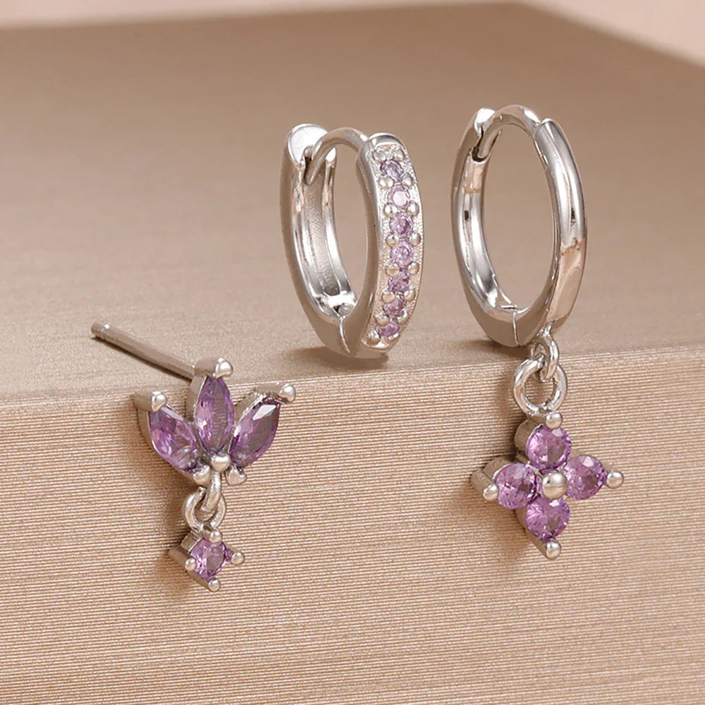 3PCS Fashion Orange Blue Zircon Hanging Earrings Set for Women Stainless Steel Flower Dangle Earring Piercing Jewelry Vera Lux