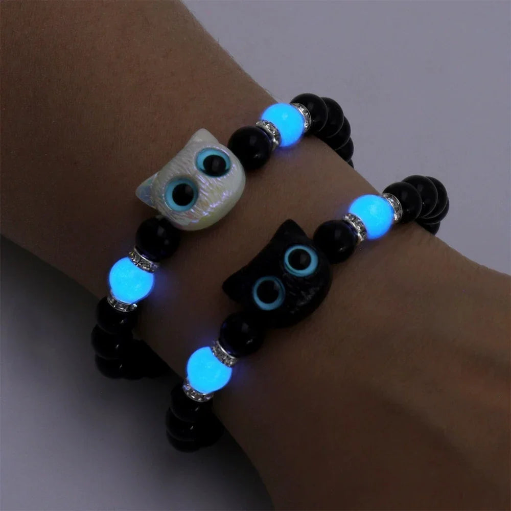 1 PC Matching Bracelets Couples Women Men Luminous Cute Cat Friendship Bracelete Black White Cat Head Bead Strand Bracelet Vera Lux