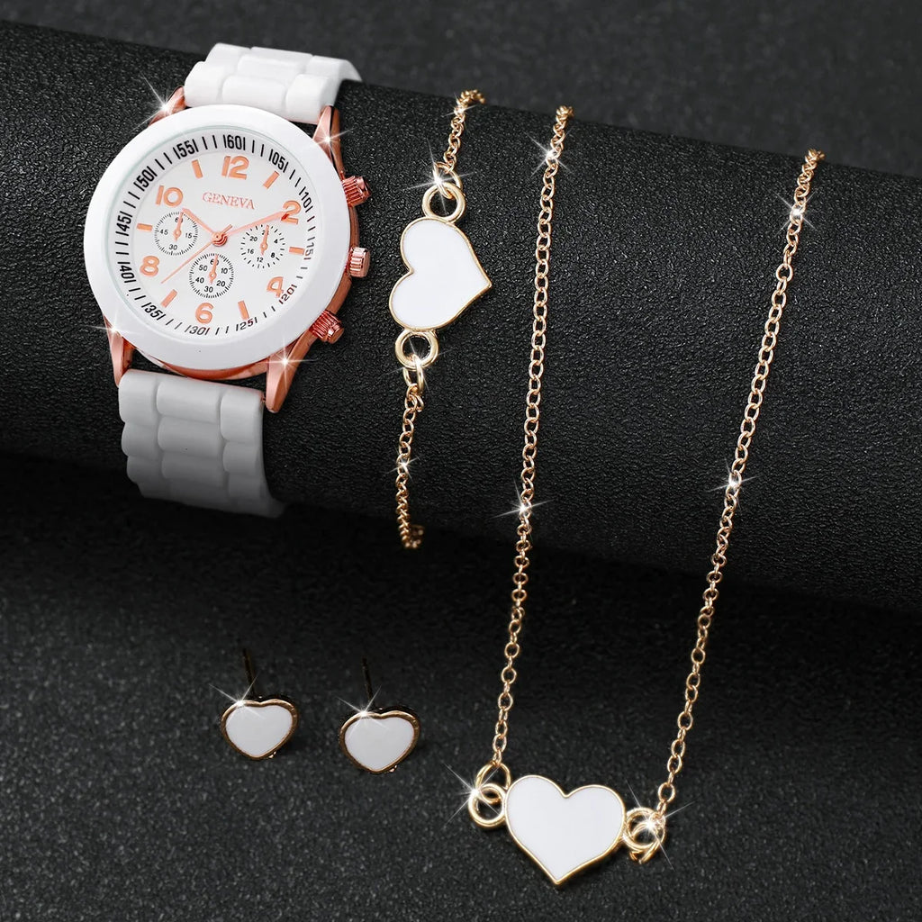 4pcs/set Geneva Watch Fashion Silicone Band Women Quartz Watches Heart Jewelry Set(Without Box) Vera Lux