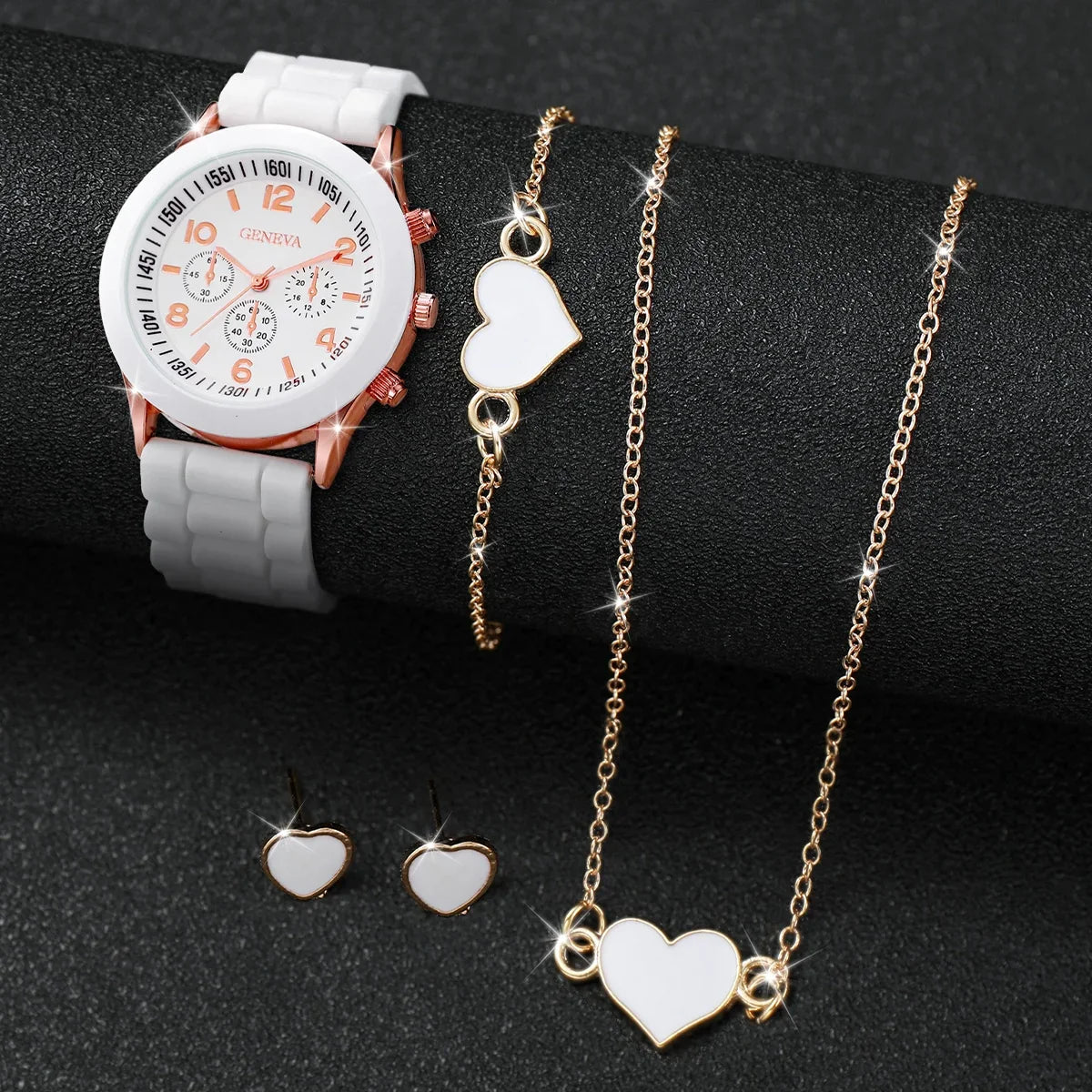 4pcs/set Geneva Watch Fashion Silicone Band Women Quartz Watches Heart Jewelry Set(Without Box) Vera Lux