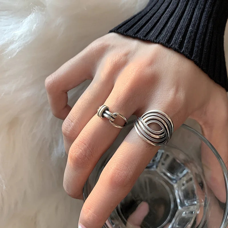 VENTFILLE 925 Sterling Silver Rings INS Fashion Hip Hop Vintage Couples Hollow Lines Punk Thai Silver Party Adjustable  Jewelry Vera Lux