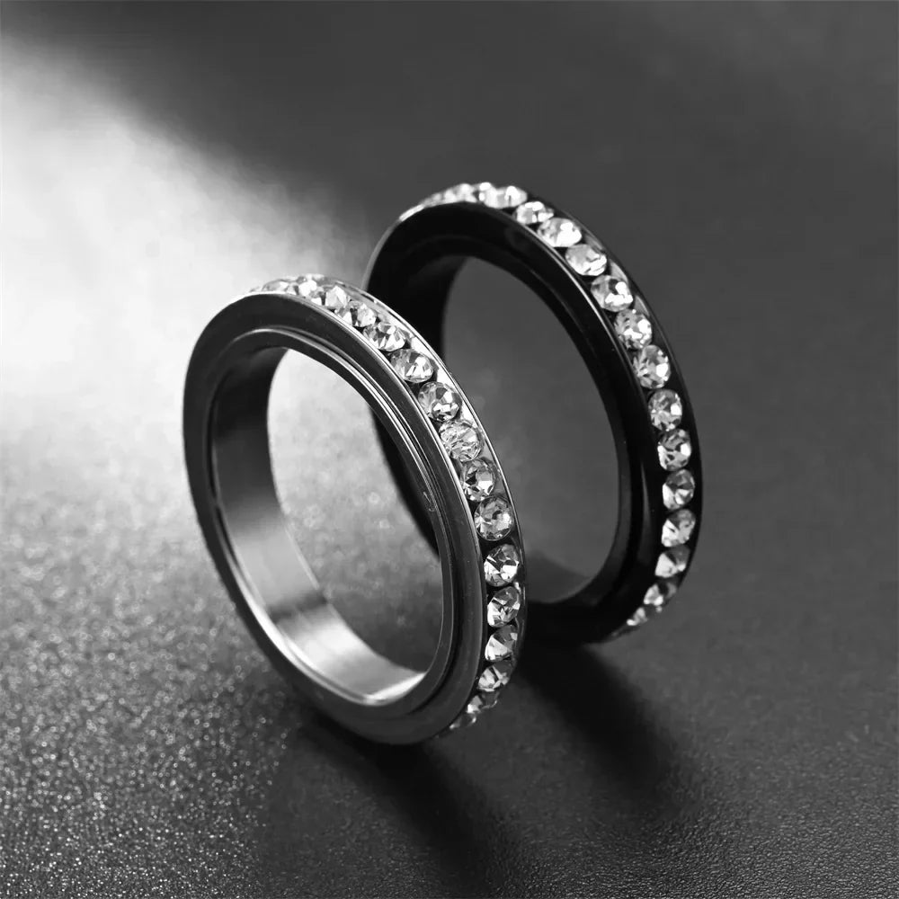 4MM Stainless Steel Spinner Finger Rings For Women Crystal Rotatable Wedding Ring Men Fashion Anniversary Party Jewelry Vera Lux