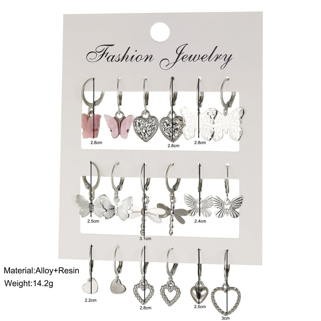 9 Pcs Cute Butterfly Heart Drop Earrings Set Fashion Gold Silver Color Girls Geometric Metal Acrylic Earrings 2024 Jewelry Gifts Vera Lux