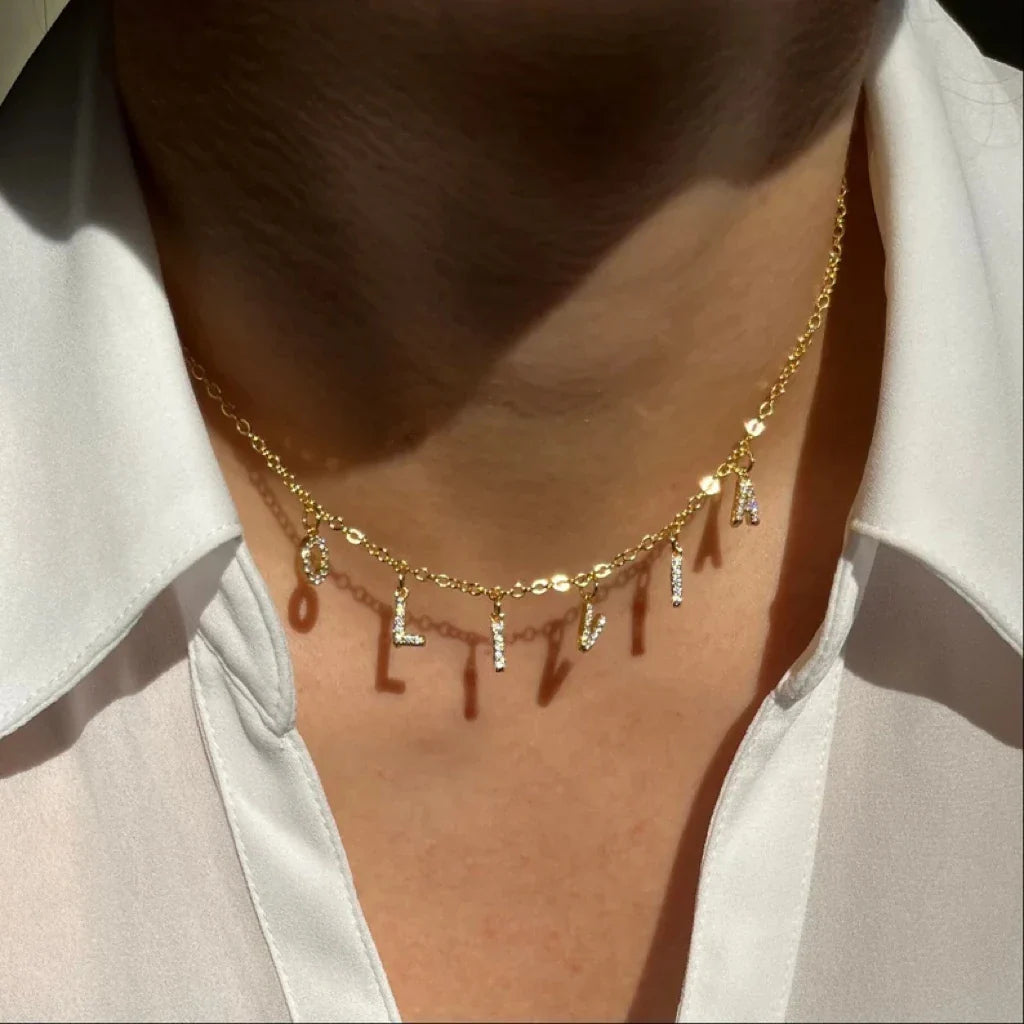 SUNIBI Customized  Name Necklace Personalized Zircon Letter Stainless Steel Choker Necklace Pendant Nameplate Gift Dropshipping Vera Lux