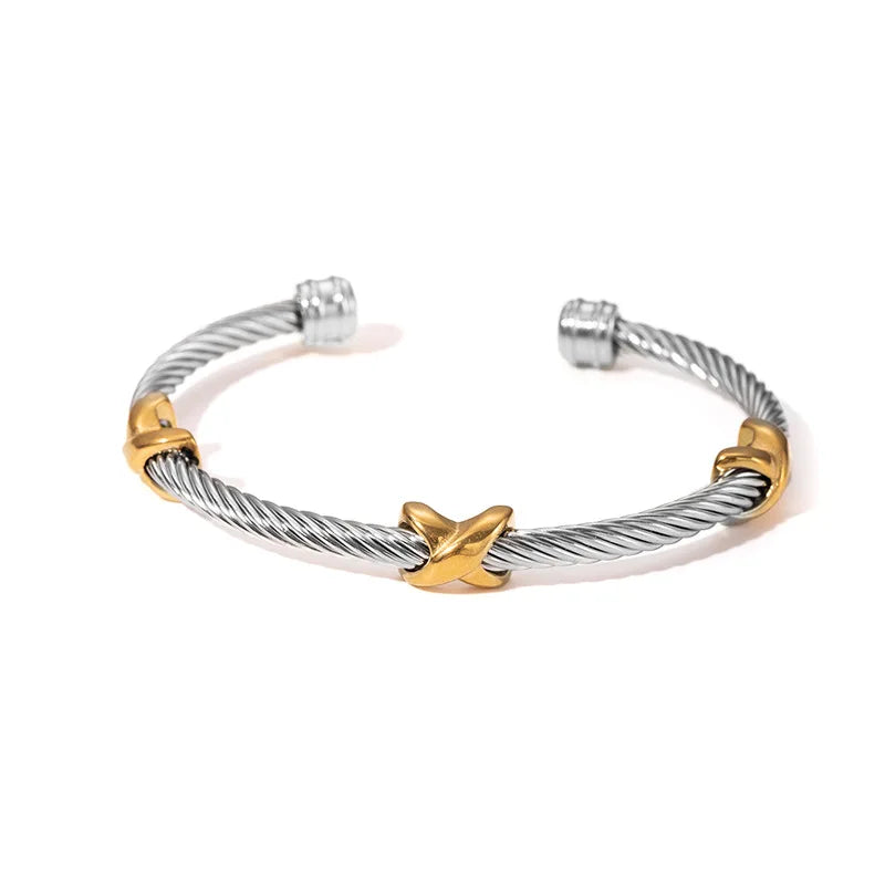 1pcs Stainless Steel Gold-plated Bangle Trendy Retro Hip-hop Style Bracelet Fried Dough Twists Steel Wire Rope Colorfast Bangle Vera Lux