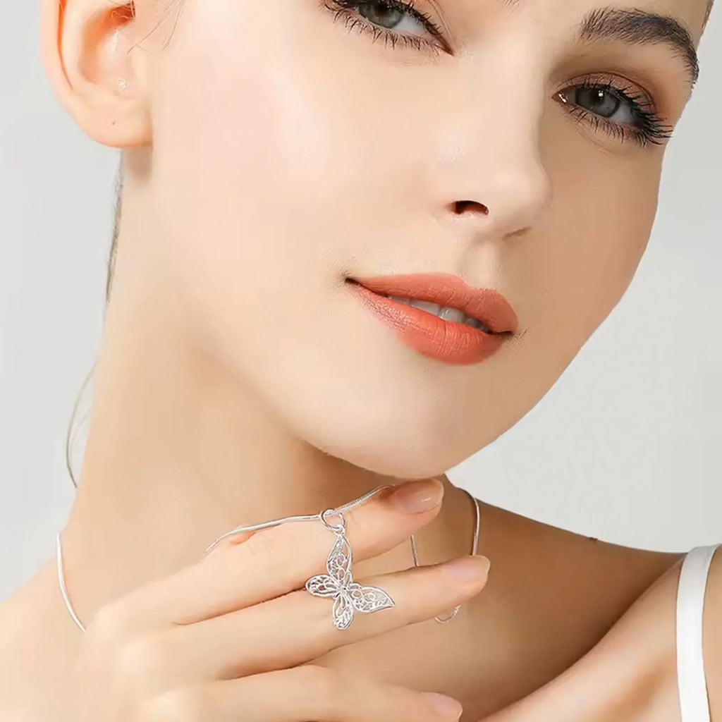 925 Sterling Silver Butterfly Pendant Necklace Snake Chain For Women Wedding Engagement Jewelry Vera Lux
